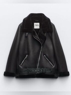 Zara Black Double Faced Faux Shearling Biker Jacket